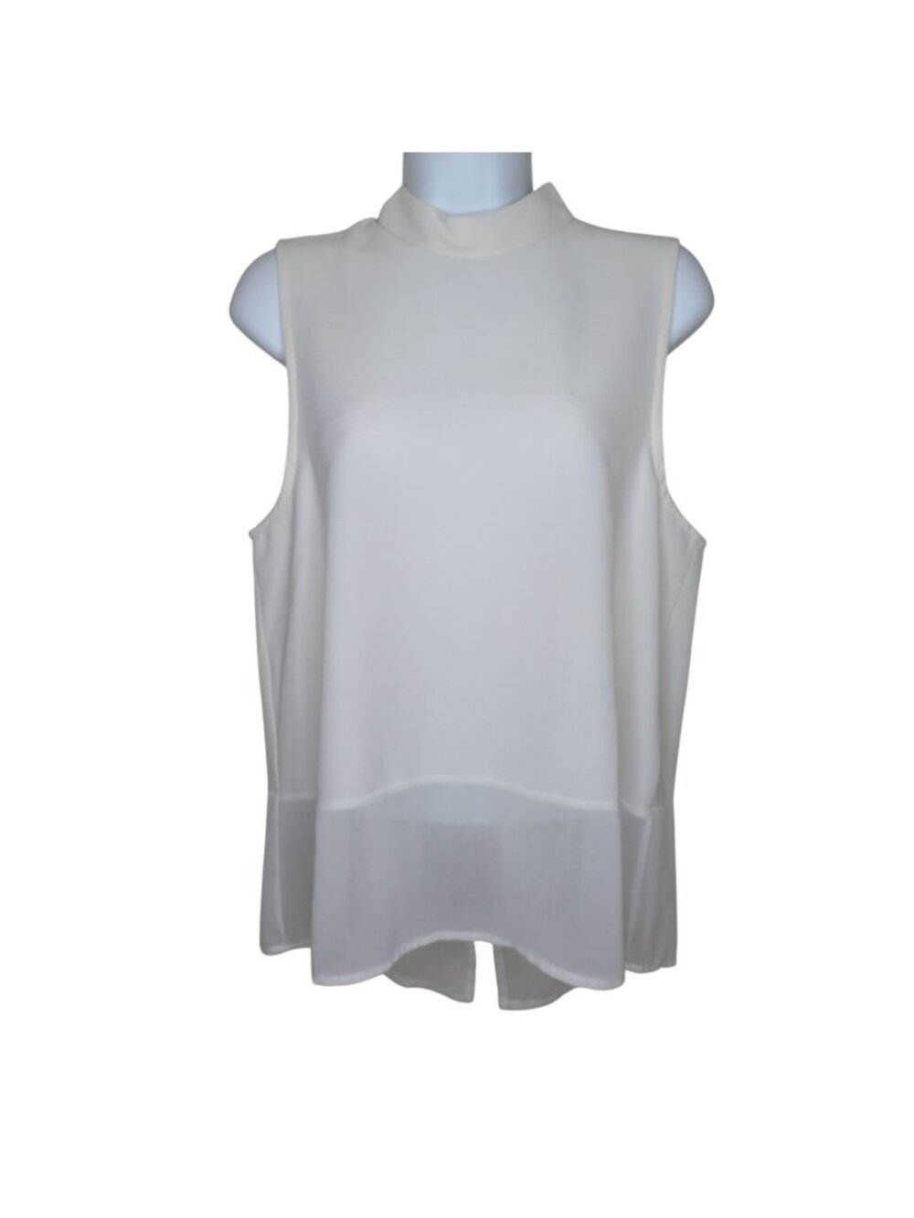 Vintage White Mock Neck Sleeveless Blouse Split Back Sheer Hem Womens Size M